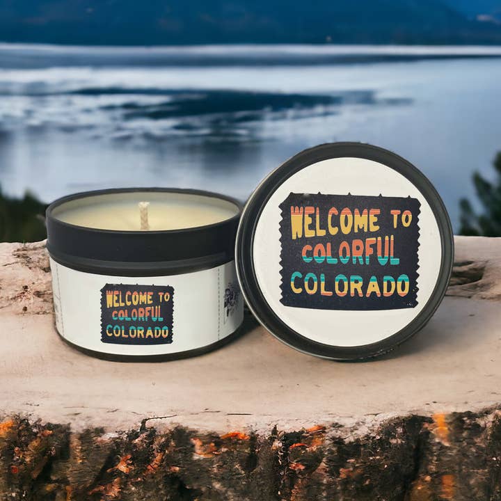 Welcome to Colorful Colorado Souvenir Soy Candle Tin for wholesale by Clever Cow Candle Co