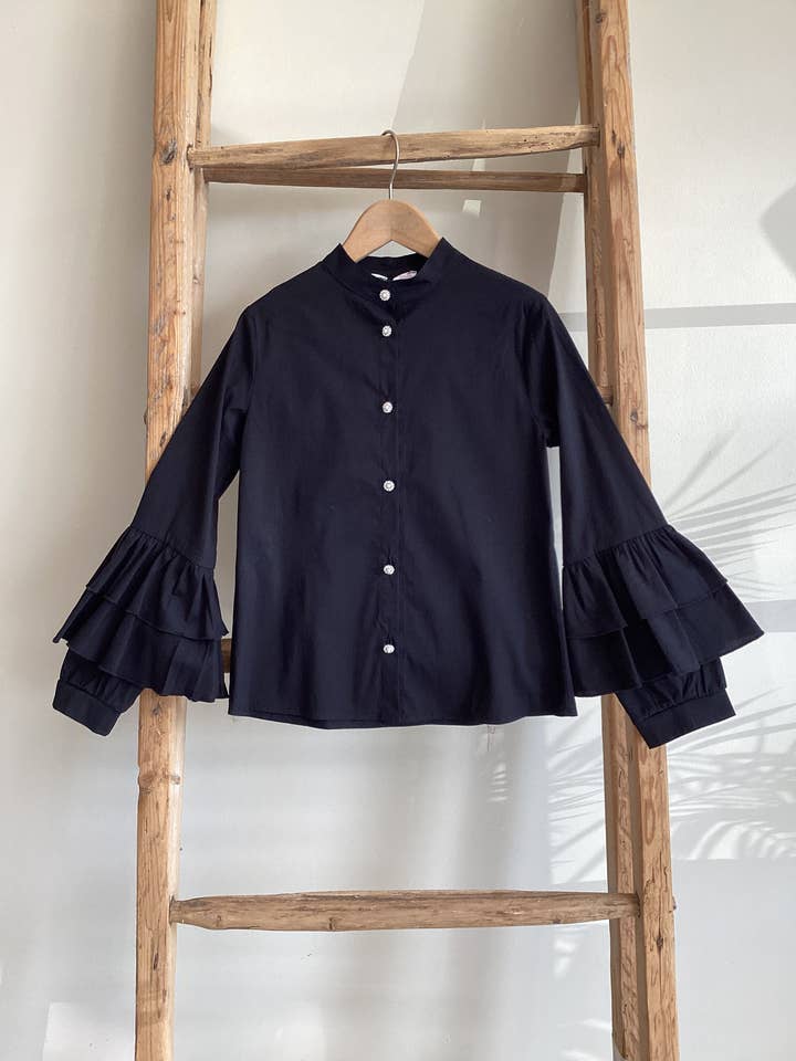 Korean collar poplin shirt with buttons with BLACK for 8 to 16 years for wholesale by FUNBEE kid Made in Italy