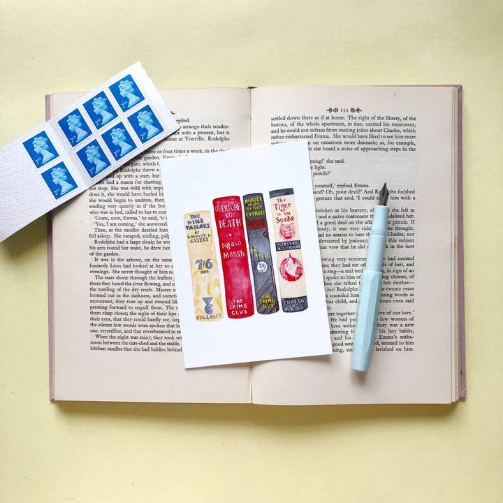 Queens of Crime detective novel book spine postcard for wholesale by Georgina The Librarian