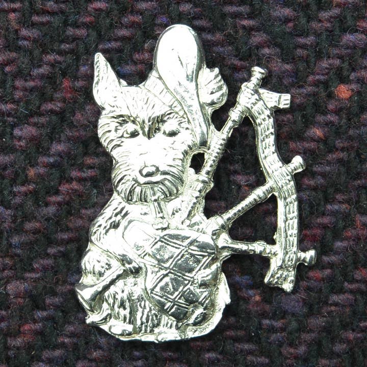 Scotty Dog with Bagpipes Pewter Brooch hand Cast by William for wholesale by William Sturt Fine Pewter