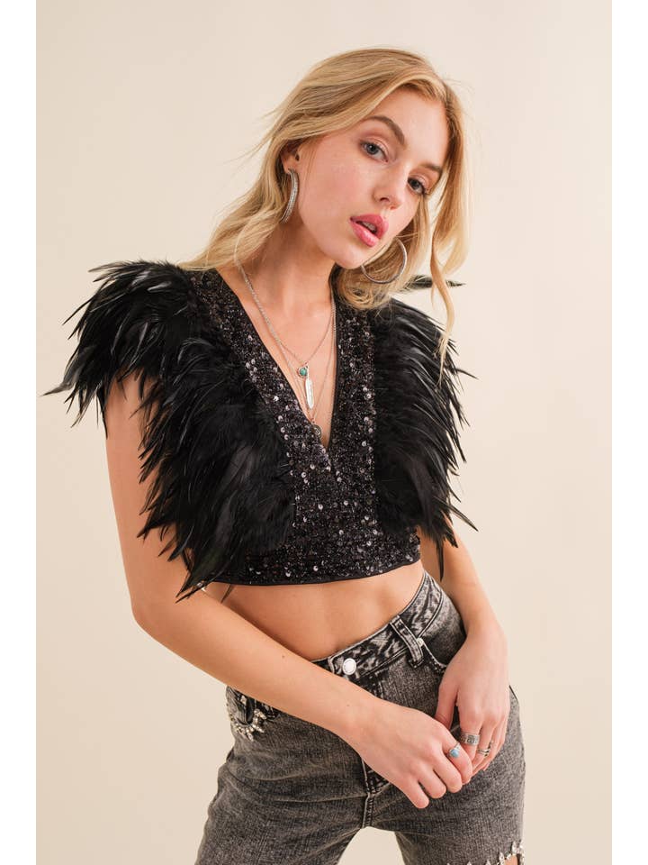 BLACK 34157T - Sequin Feather V Neck Crop Top for wholesale on Faire1