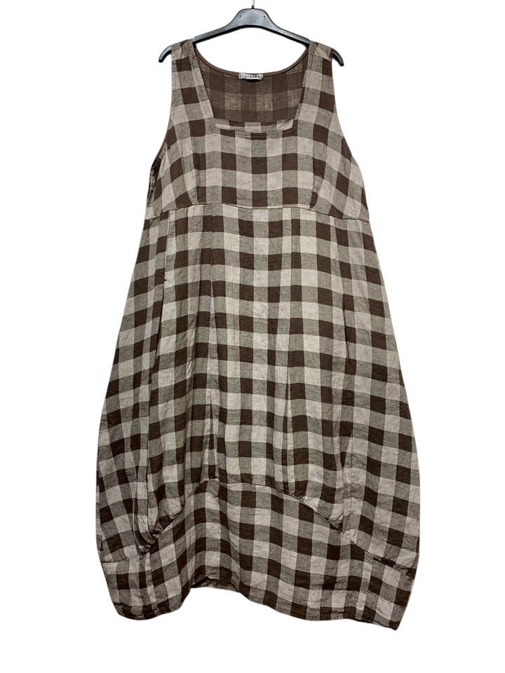 LINEN & COTTON HOUSE - Wholesale Dress β Women's - LINEN DRESS WITH POCKETS, GINGHAM CHECK PATTERN 32226
