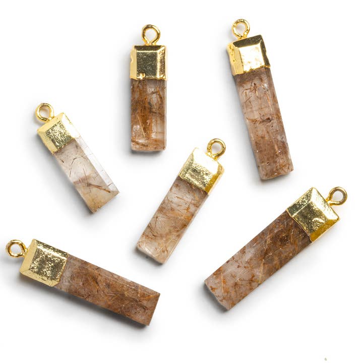 24x7mm Gold Leafed Rutilated Quartz Faceted Bar Pendant 1 Bead for wholesale by The Bead Traders