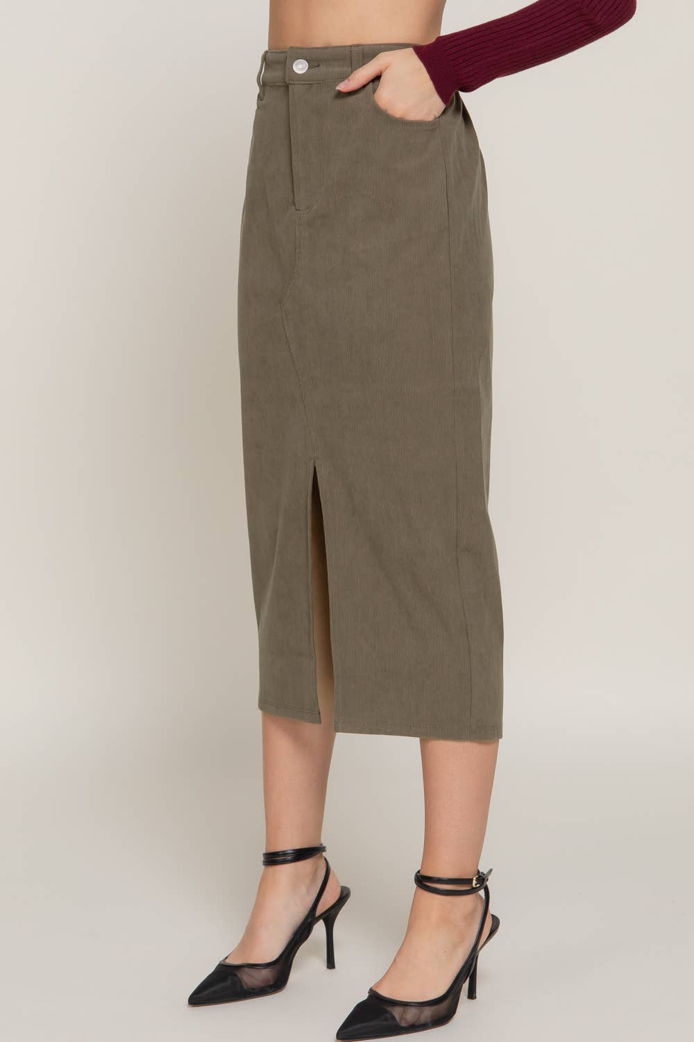 Active Basic | Active USA - Wholesale Skirt - Women's - Waist Band Front Open Slit Corduroy Midi Skirt10