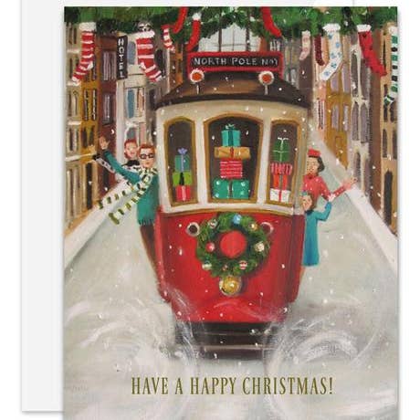 JANET HILL STUDIO - Wholesale Christmas Card - The Peppermint Family Christmas Trolley Card. Box Set of 81