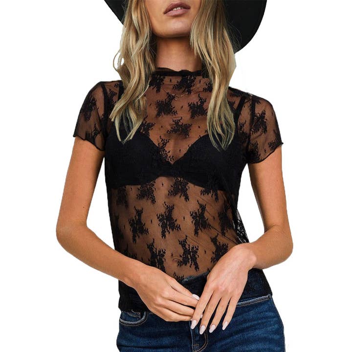 Hope & Sunshine - Wholesale Blouse - Women's - Sheer Mesh Lace Short Sleeve Top