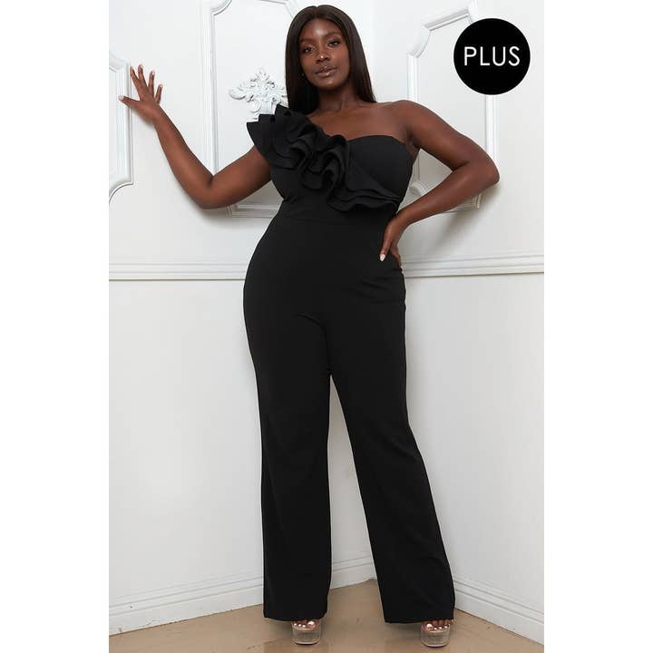 Plus Size Layered Ruffle One Shoulder Jumpsuit for engroshandel hos Black Pearl Clothing