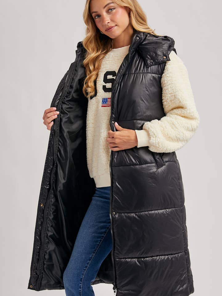 Bluivy - Wholesale Outerwear Vest - Women's - LONG LINE BELT PUFFER HOODED VEST22