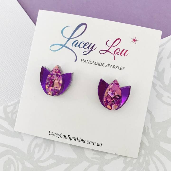 Tulip Acrylic Earrings - Unicorn Pink and Purple Tulip Studs for wholesale by Lacey Lou Sparkles