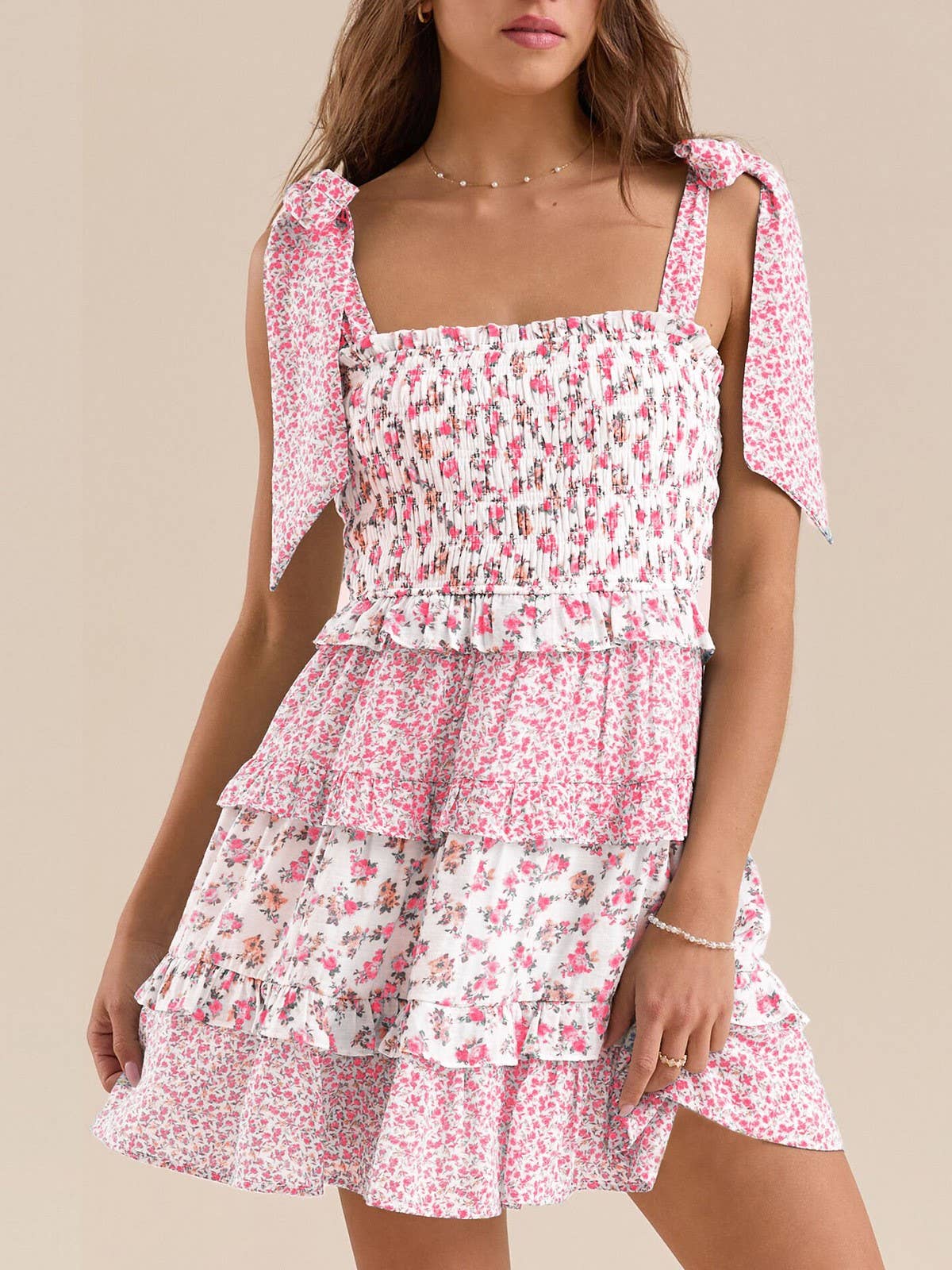 Rosa Clothing - Wholesale Dress - Women's - Floral Smocked bodice tiered mini sundress w bow straps9