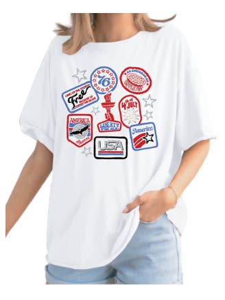 Patriotic Patches On White Tee for wholesale on Faire