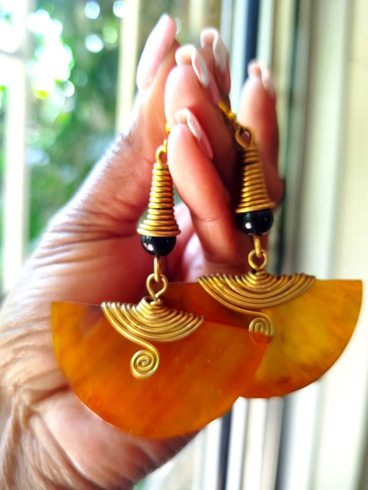 Handmade Bone & Brass Earrings , BoldOrange & Green Earrings for wholesale by African Craft Collection
