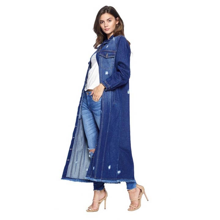 DISTRESSED DENIM LONG JACKET for wholesale by Clothing of America