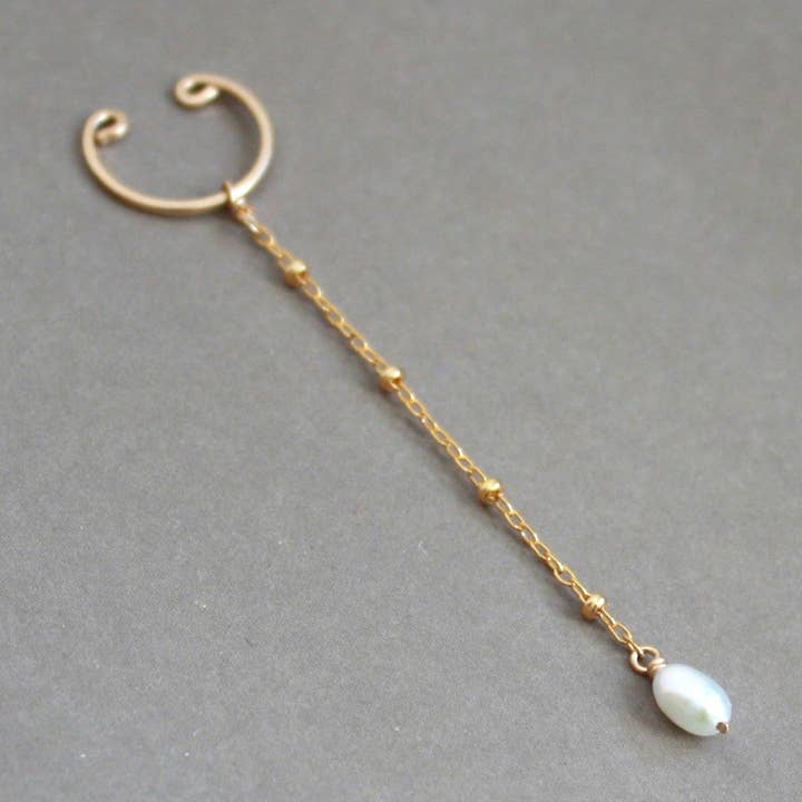 Pearl Saturn Chain Dangle Ear Cuff - Long for wholesale by Hooks and Luxe