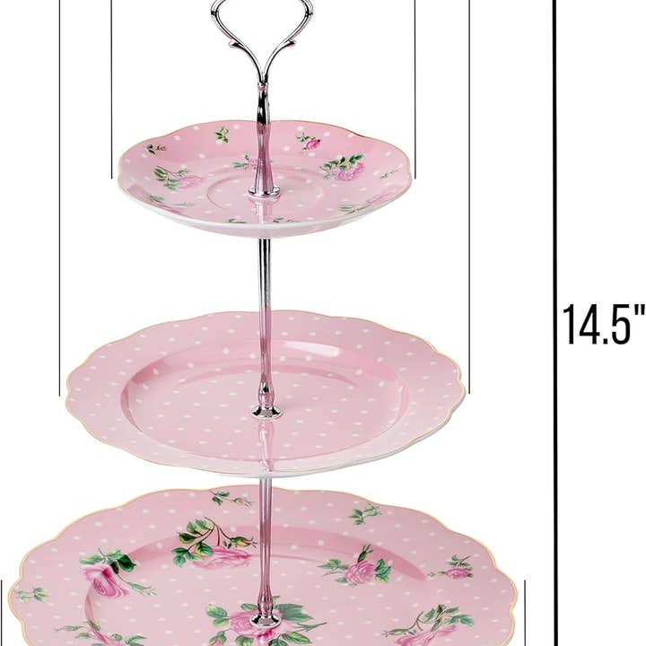 Brew To A Tea - Wholesale Cake Stand - BTat Pink 12" 3-Tier Porcelain Dessert Stand1