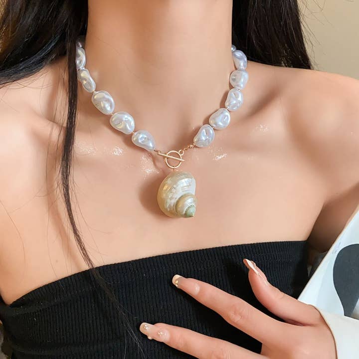 Pearl Necklace with Spiral Seashell Pendant in Ivory NEK539 for wholesale by PEACH ACCESSORIES