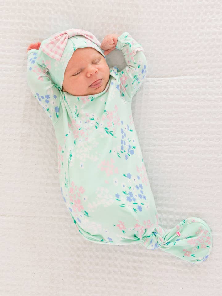 Green SoftSnooze™ Baby Girls Bamboo Viscose Mint Meadow Ruffle Knotted Sleep Gown & Bow Hat Set
for wholesale on Faire6