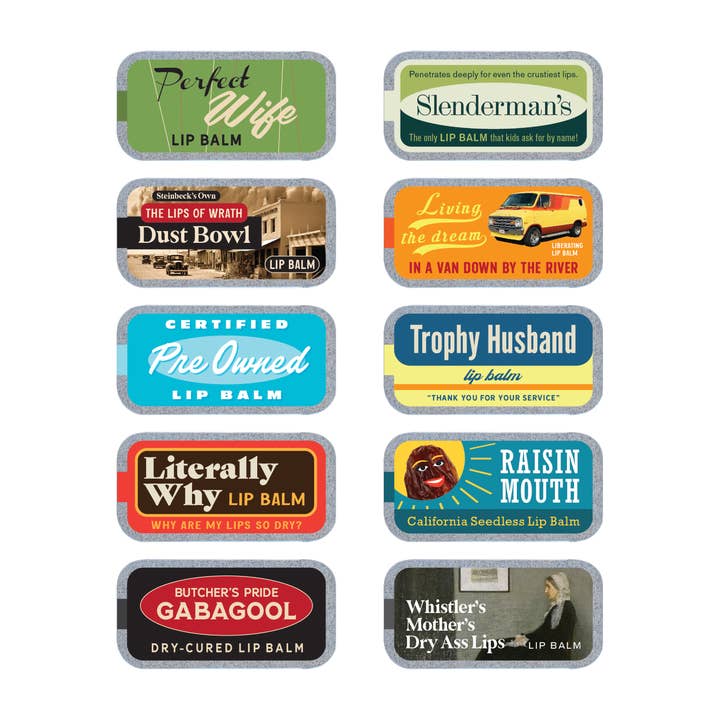 Whiskey River Soap Co. - Wholesale Lip Balm Set - Funny Old School Lip Balm Tin Set with Display (Clean)