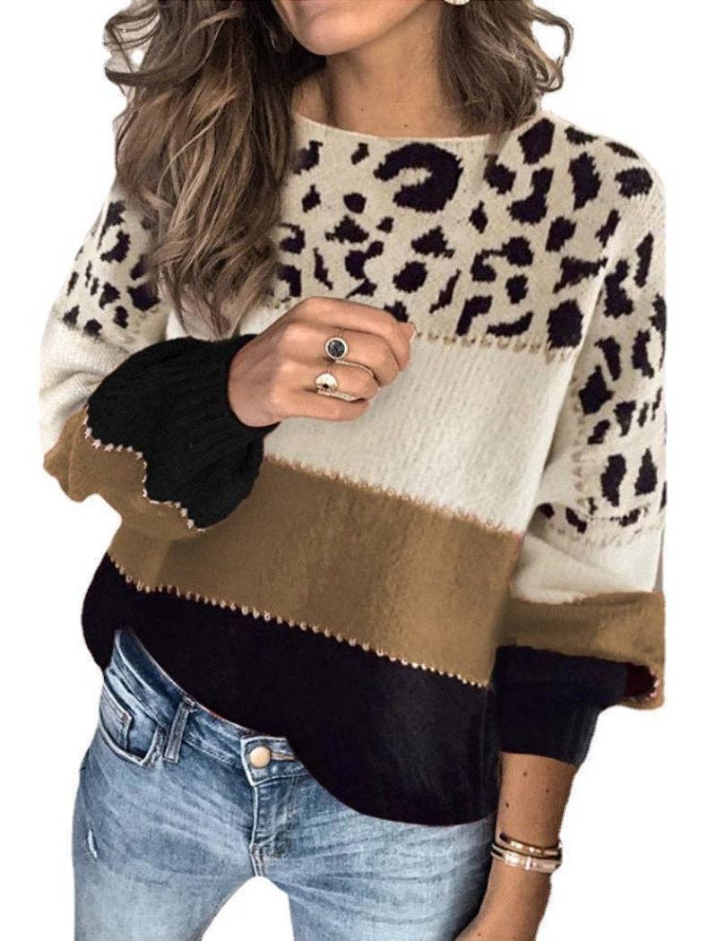 Masyal - Wholesale Knit Sweater - Women's - Leopard Print Colorblock Sweater with V-Neck3