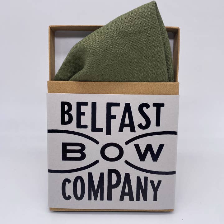 Irish Linen Pocket Square in Olive Green for wholesale by Belfast Bow Company