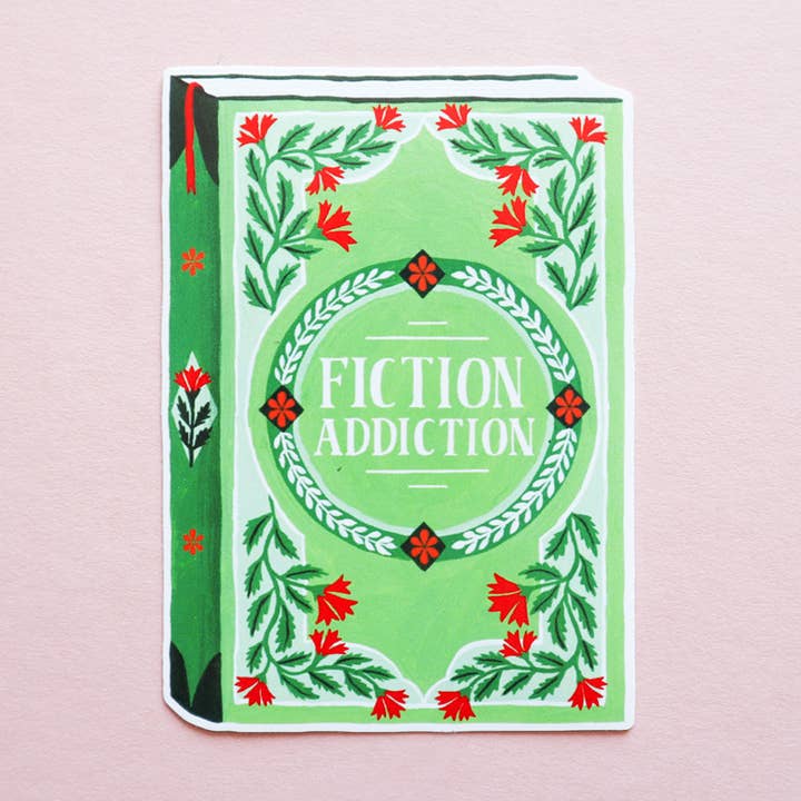 Fiction Addiction Vinyl Book Sticker for wholesale by Papio Press