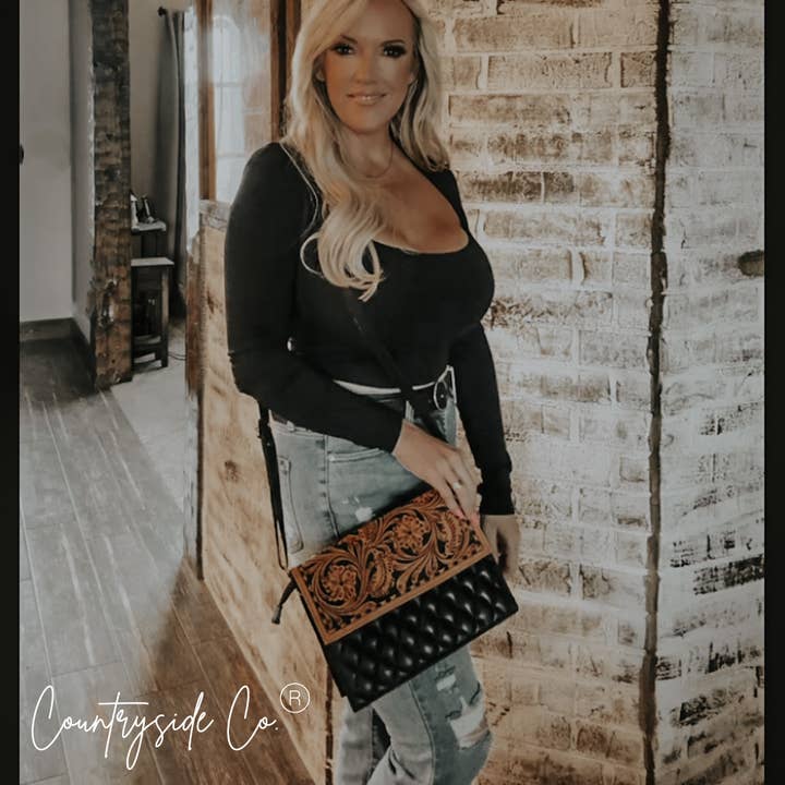 Texas Western Cowhide Bags and More - Wholesale Crossbody Bag - Women's - Quilted Leather Purse with Tooled Leather