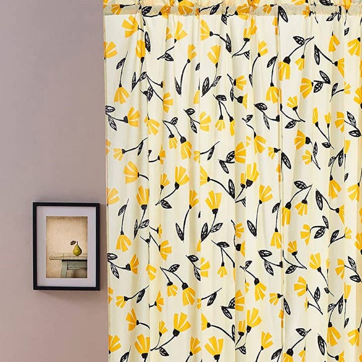 DaDa Bedding Set of 2 Botanical Floral Window Curtain Panels - Natural Semi Sheer Yellow Fleur Golden Orange Spring Time Tulips Straight Tailored Edge for wholesale by DaDalogy Bedding