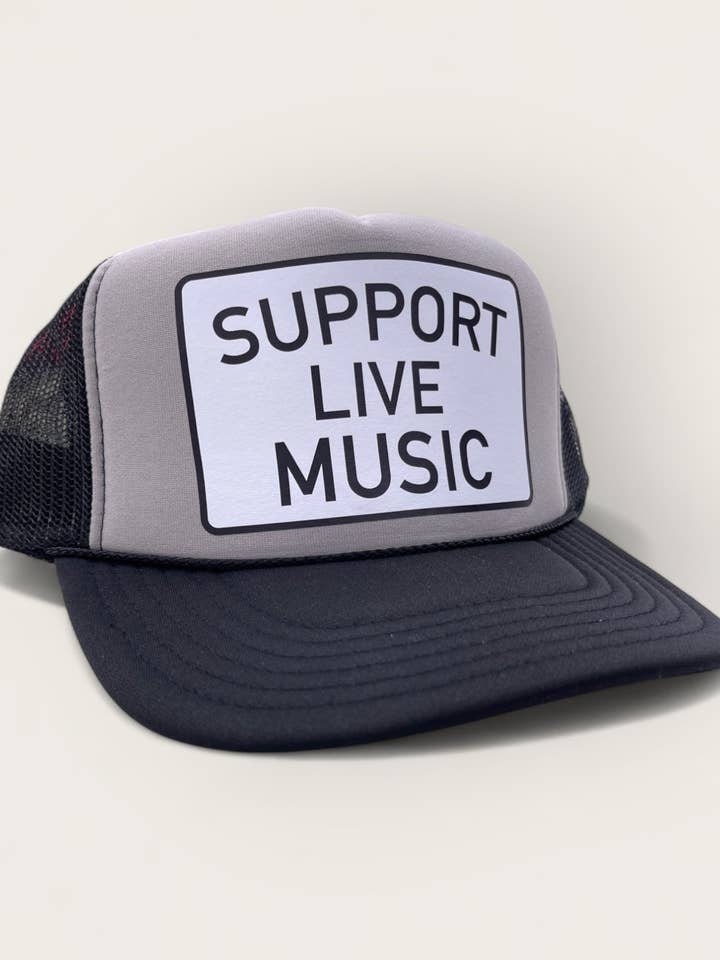 Support Live Music Foam Trucker Hat | Black/Grey and other Purchase Wholesale support live music. Free Returns & Net 60 Terms on Faire trending on Faire.