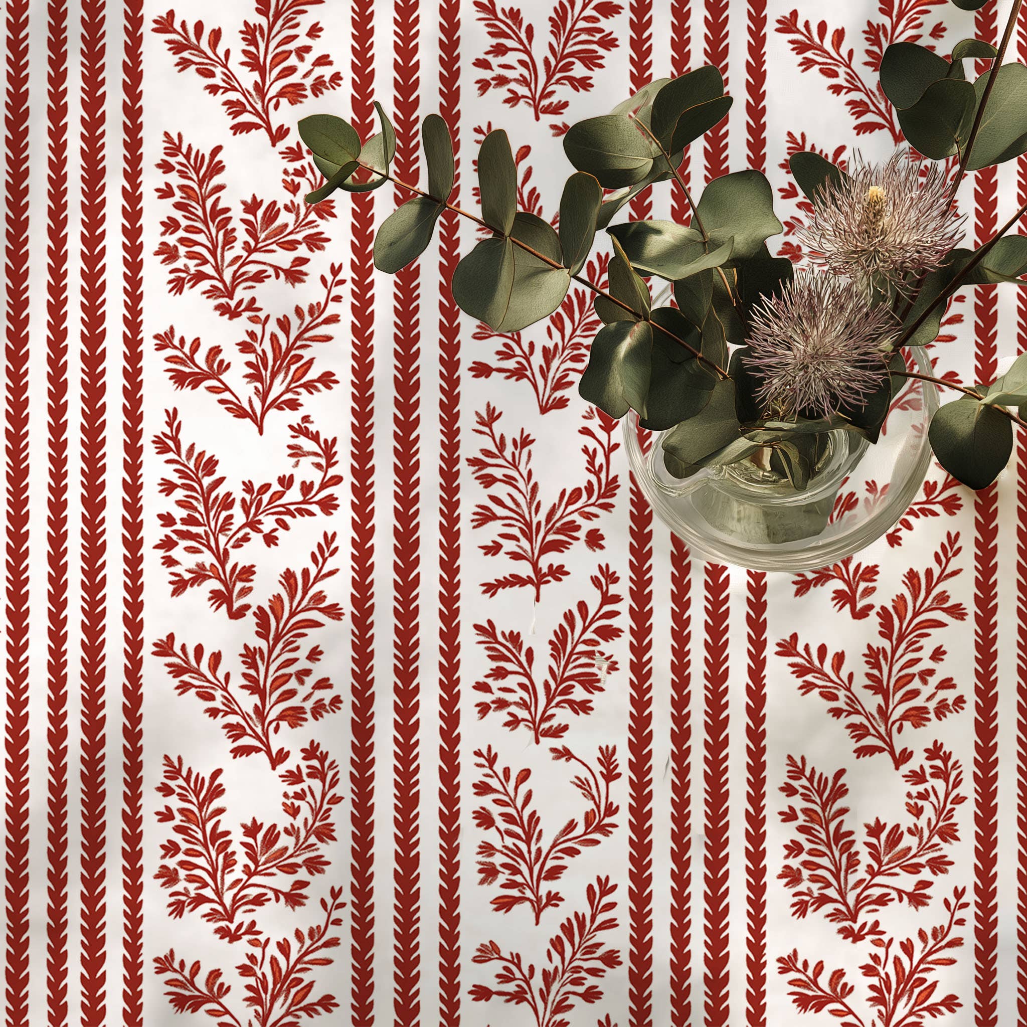 NorraVilla - Wholesale Tablecloth - 100% Linen Tablecloth Striped floral Christmas pattern red2