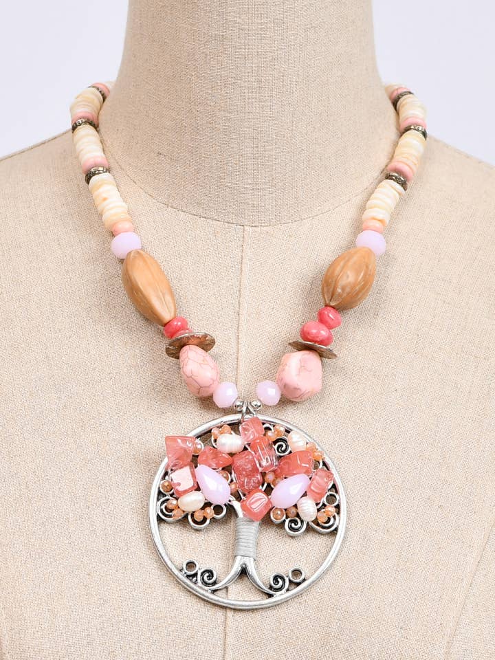 Short tree of life necklace with natural stone for wholesale by Victoria Moda