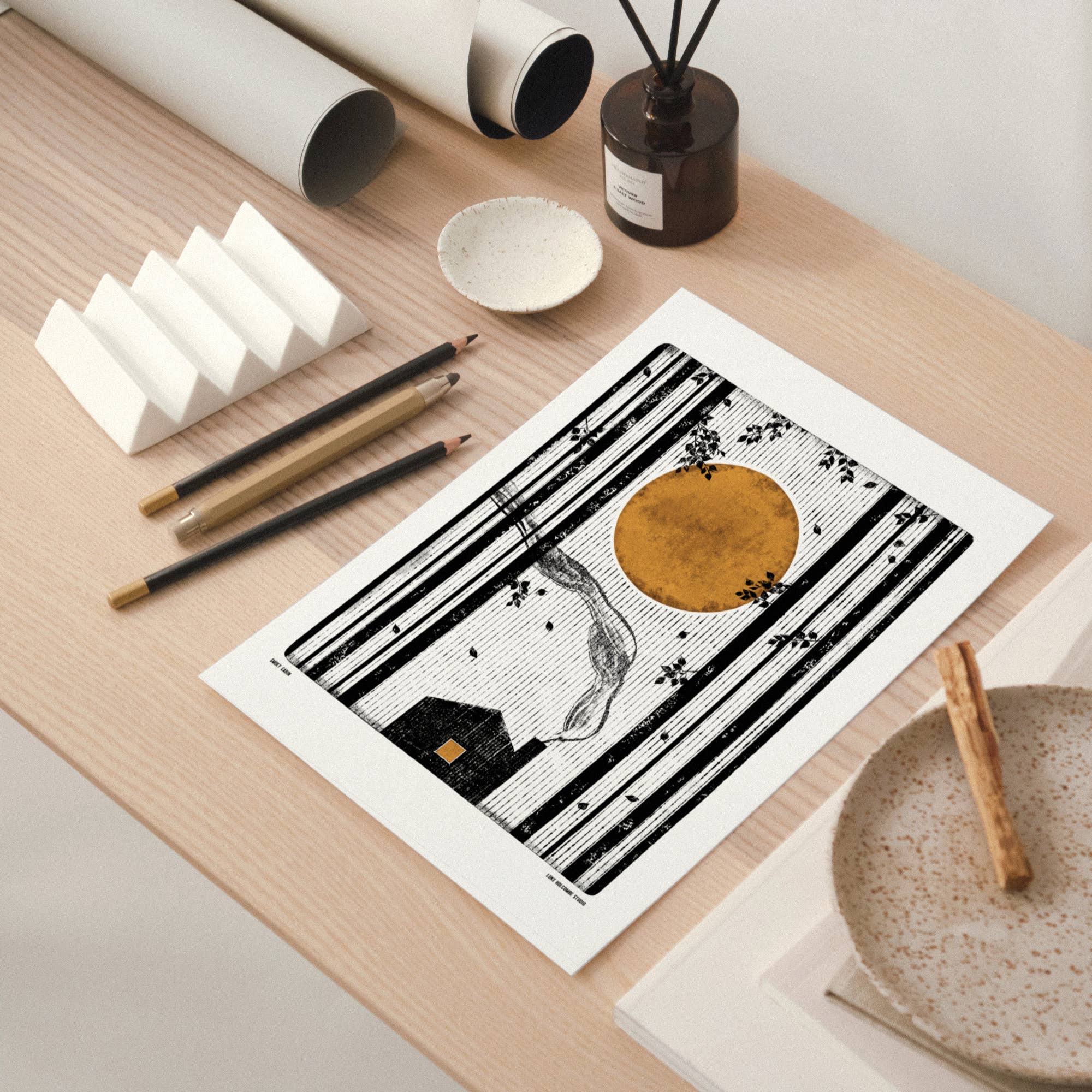 Luke Holcombe Studio – wholesale Art print – Smoky Cabin, Digital Print (A4, A3) Forest Magic New House7