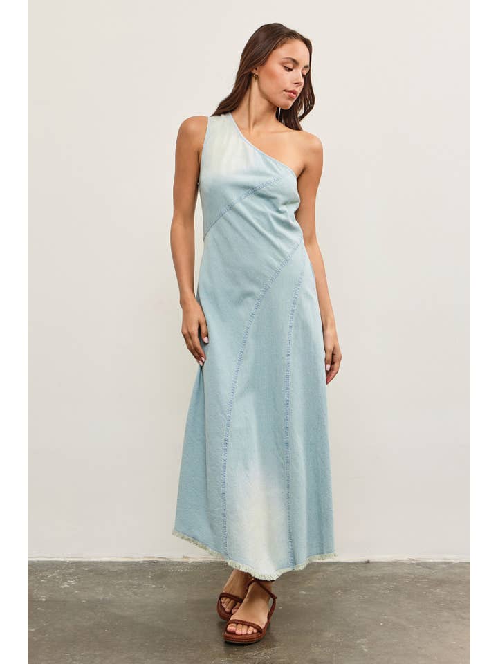 RAW CUT HEM ONE SHOULDER DENIM DRESS for wholesale on Faire