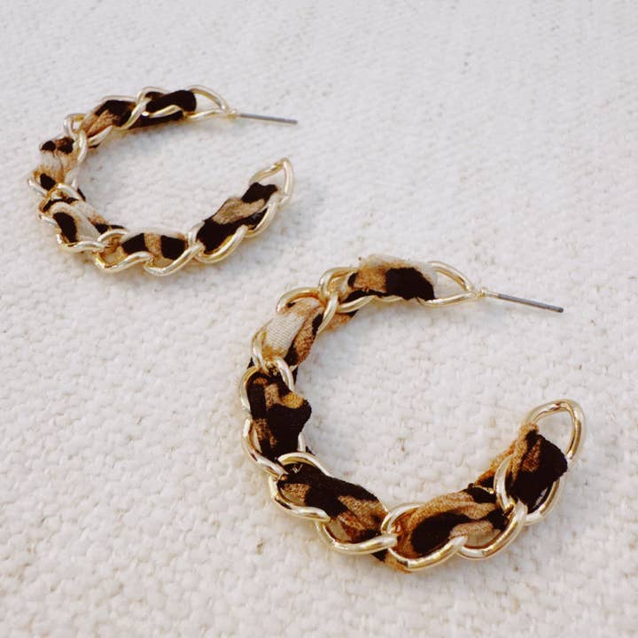 Leopard Scarf-Wrapped Chain Hoop Earrings for wholesale by Ellison+Young