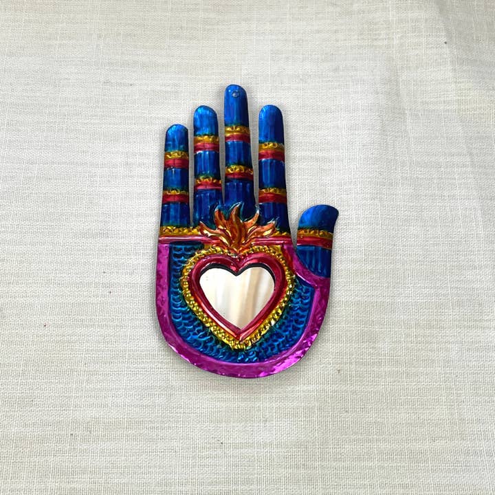 Tesoros Trading Company - Wholesale Wall Mirror - Tin Hand w/ Heart Mirror, Mexico