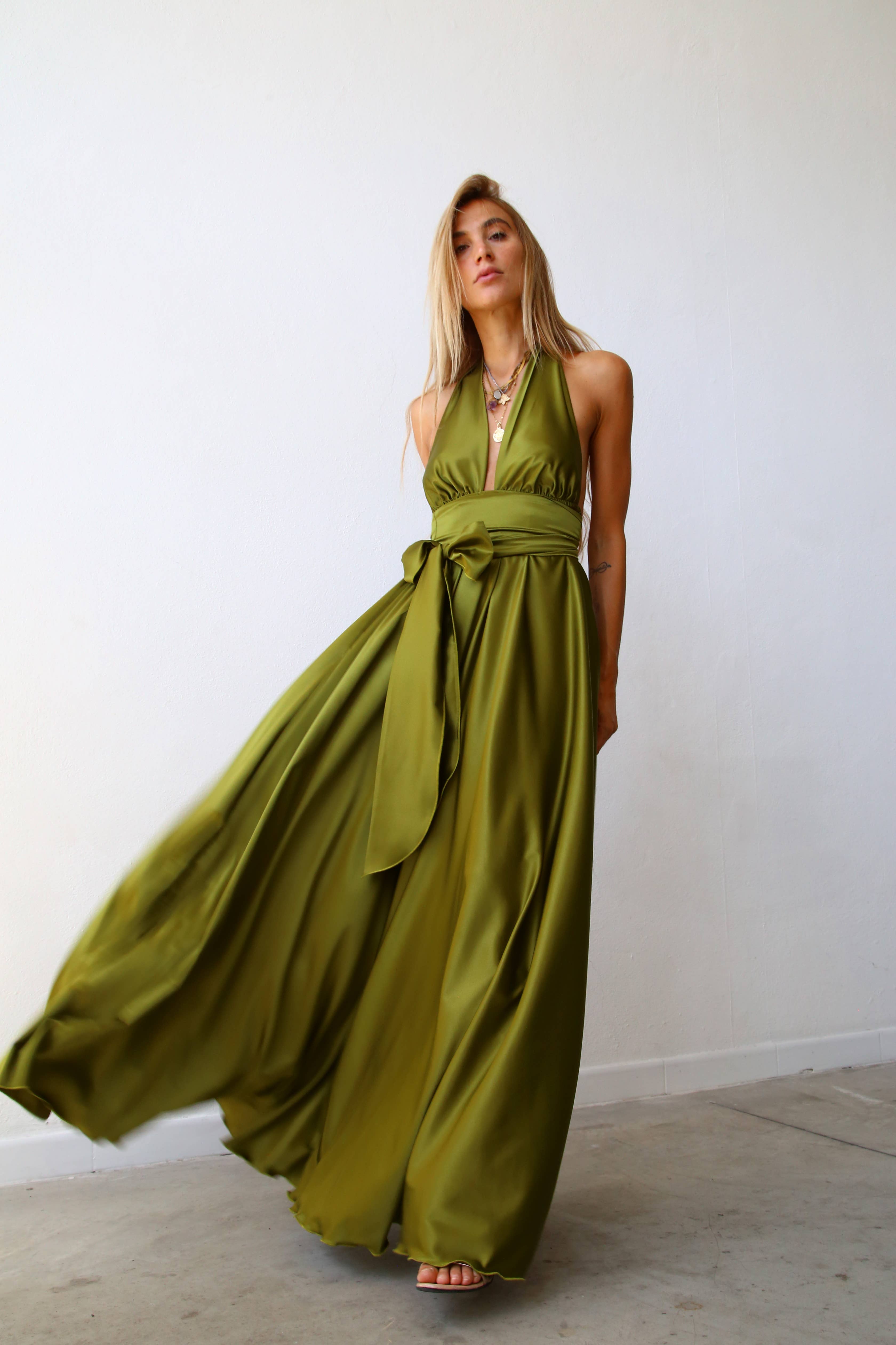 P3169 LONG MARILYN DRESS WITH FLARED SKIRT AND OLIVE GREEN BELT for wholesale on Faire6