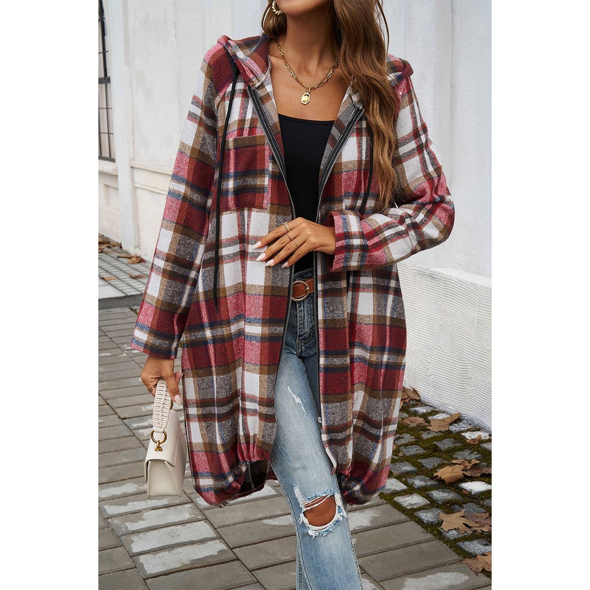 Supreme Fashion - Wholesale Coat - Women's - Plaid Zip Up Pockets Long Hooded Coat7