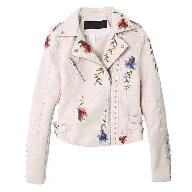 FurDecoration - Wholesale Leather Jacket - Women's - Fashionable Embroidered Rivet Short PU Leather Jacket1