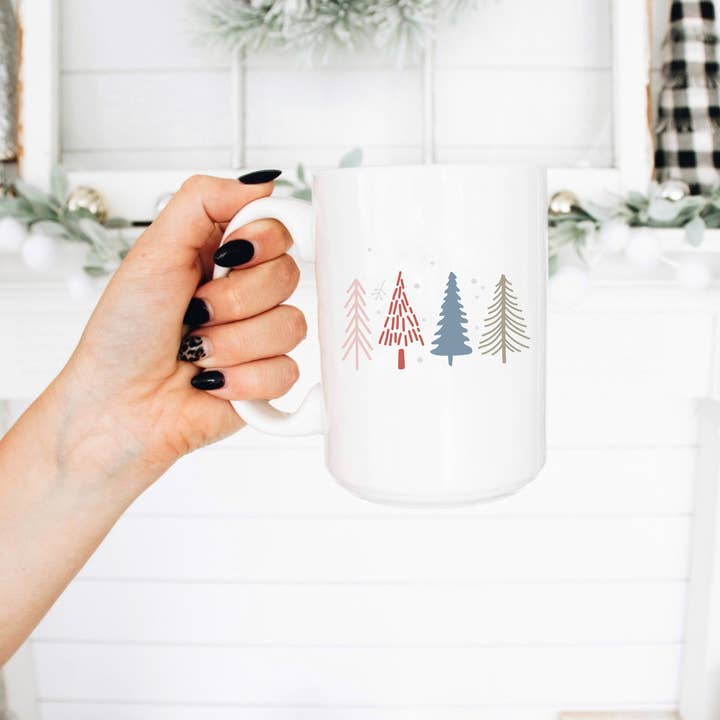 Boho Sips - Wholesale Coffee mug - 15oz Coffee Mug, Pastel Christmas Tree, Holiday Mug, Snow