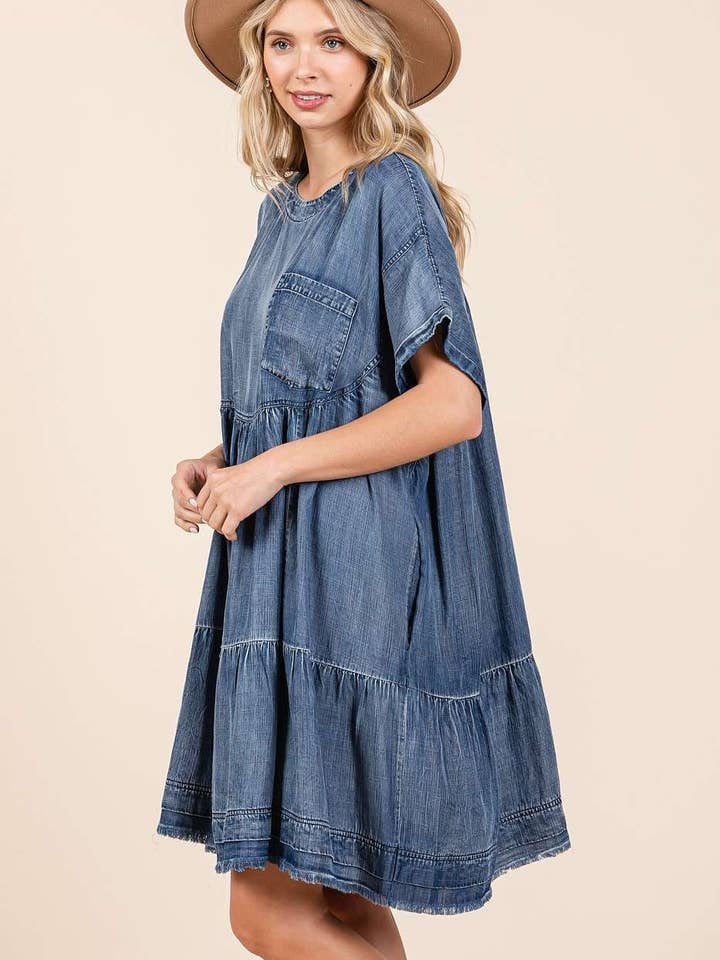 WASHED CHAMBRAY DENIM OVERSIZED TIER MINI DRESS for wholesale on Faire