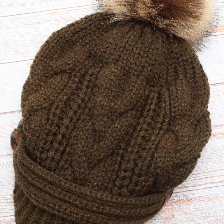 Fashion City - Wholesale Beanie - Women's - Women's Cable Knitted Visor Beanie Hat with Pom10