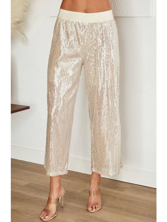 Beige GLITTER ELASTIC WAIST BAND SEQUIN PANT (01330) for wholesale on Faire