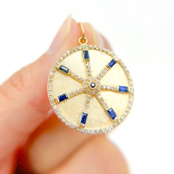 14K Solid Gold Diamonds Circle Charm with Lines and Gemstones. GDP567 for wholesale by Tresor Jewelry Inc.