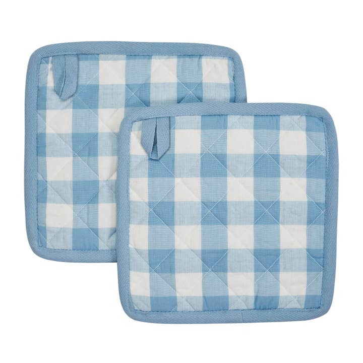 VHC Brands - Wholesale Oven Mitt/Pot Holder - Annie Buffalo Check Blue Pot Holder Set of 2 8x8