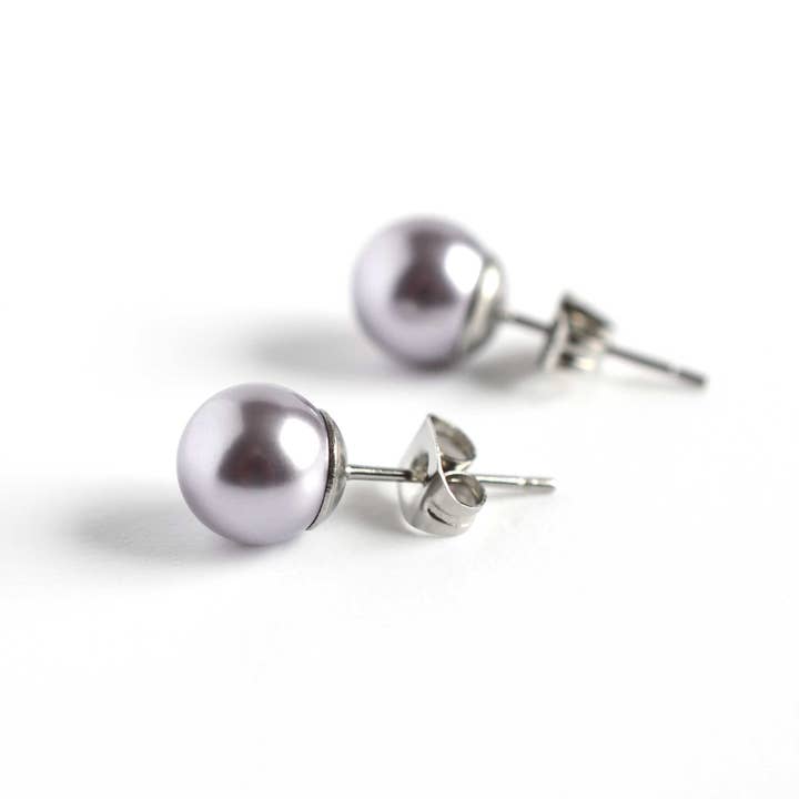 8mm Pale Purple Faux Pearl Stud Earrings, Hypoallergenic Surgical Steel, Bold Pearl Studs for wholesale by Little Gems Jewels