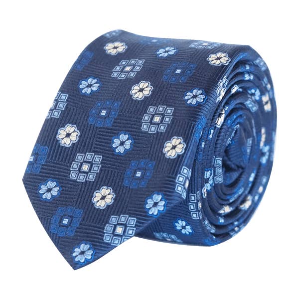 Handmade Pattern Italian Silk Tie Skinny - Navy Blue for wholesale by COCHIC
