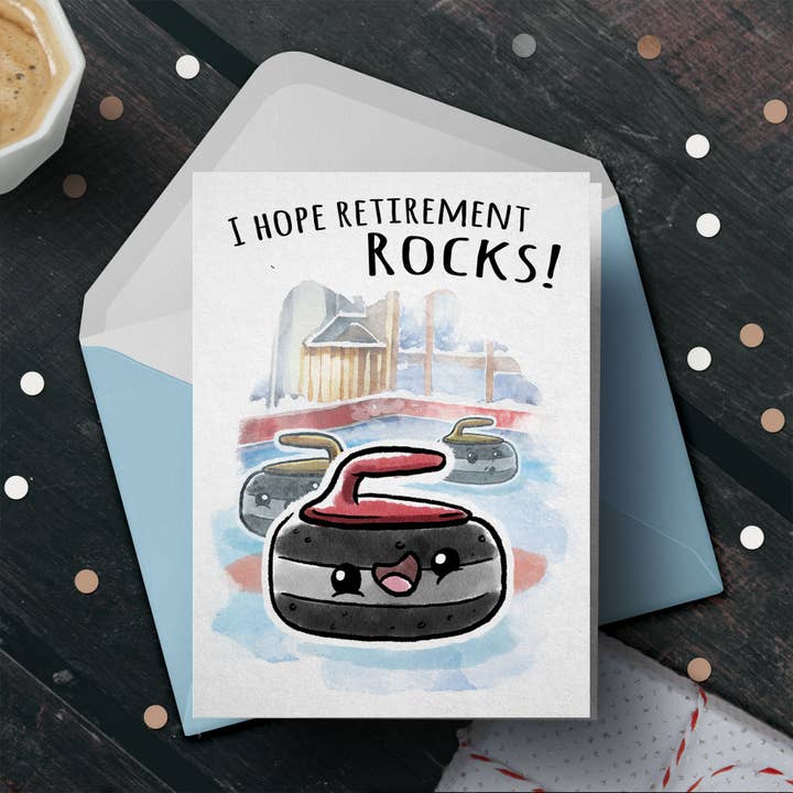 “Hope Retirement Rocks” - Cartão Curling de Aposentadoria dos Avós por atacado de Aaron Millard Illustration