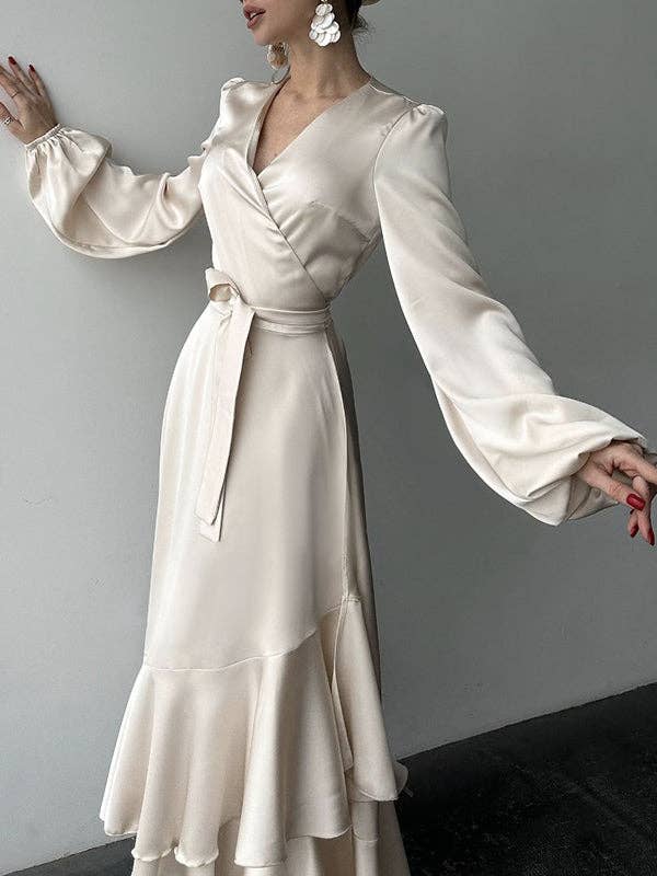 Sheer Trend - Wholesale Dress - Women's - Puff-Sleeve Asym Pleat Split-Tie V-Neck Shirt Maxi11