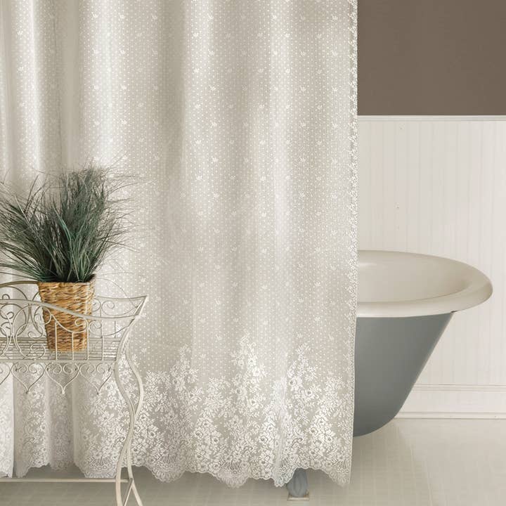 Heritage Lace - Wholesale Shower Curtain - Cottage Floral Floret 72x72 Lace Shower Curtain White