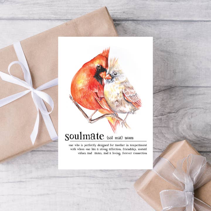 Red Cardinals Soulmate Anniversary Love folded greeting card for wholesale by Art Reflects Light