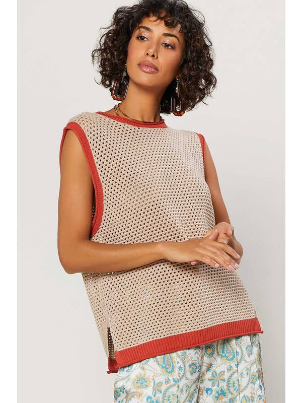 Sand Slvless Open Knit Sweater W/ Contrast Accents for wholesale on Faire